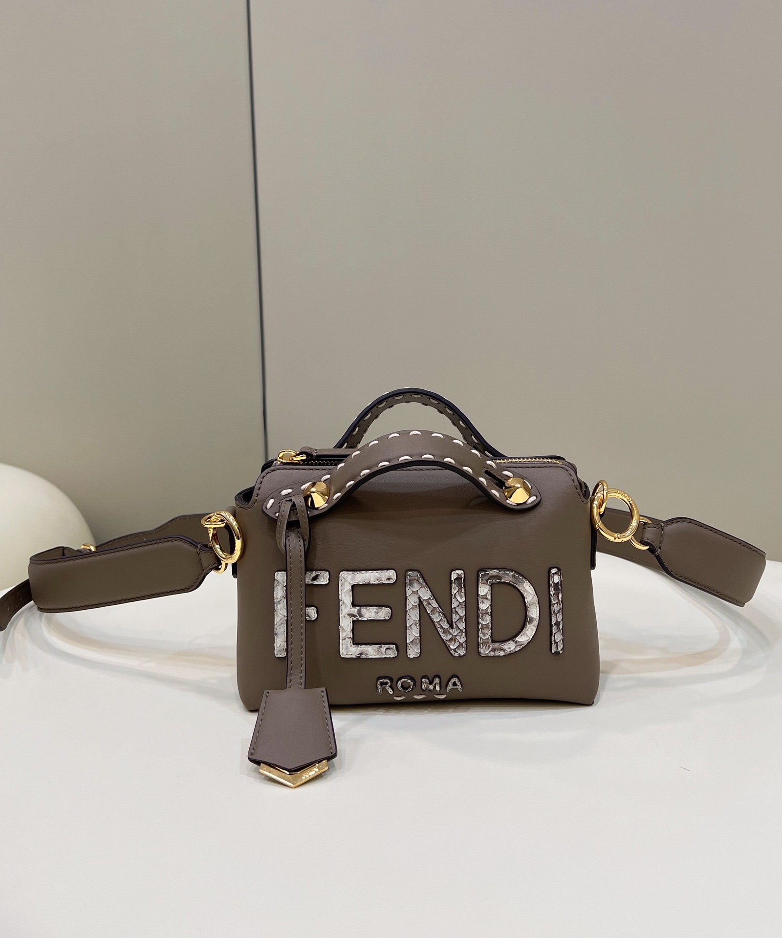 Fendi Mini By The Way Leather Boston Shoulder Bag Grey